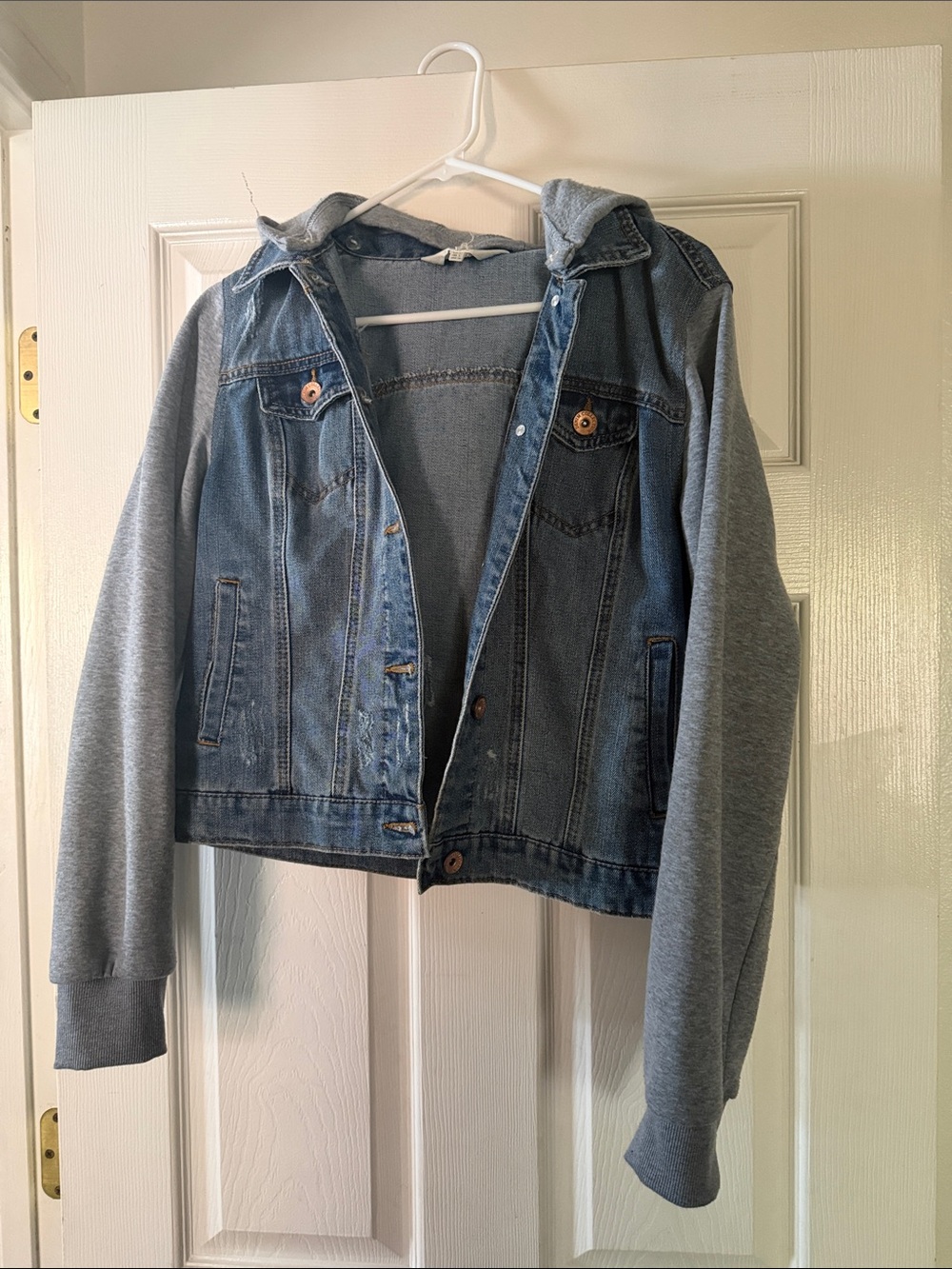 Ci Sono Blue Denim Jacket with Gray Hoodie and Sleeves